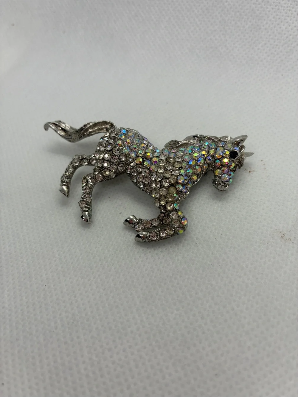Aurora Crystal Horse Brooch - Silver Tone